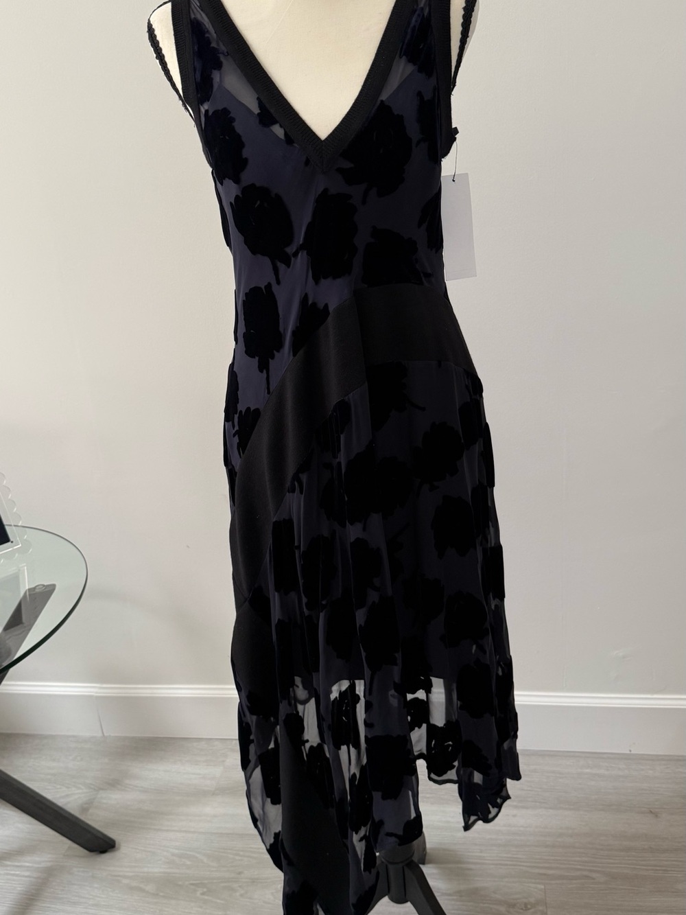 DKNY Black Floral Velvet Appliqué  on rayon silk Asymmetrical Midi Dress